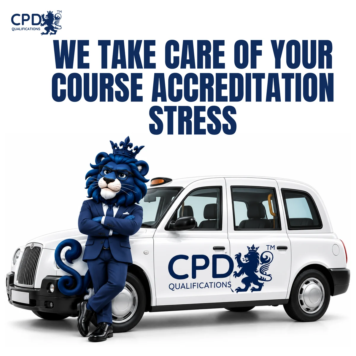 Course accreditation support from CPD Qualifications, illustrated by a lion beside a branded taxi