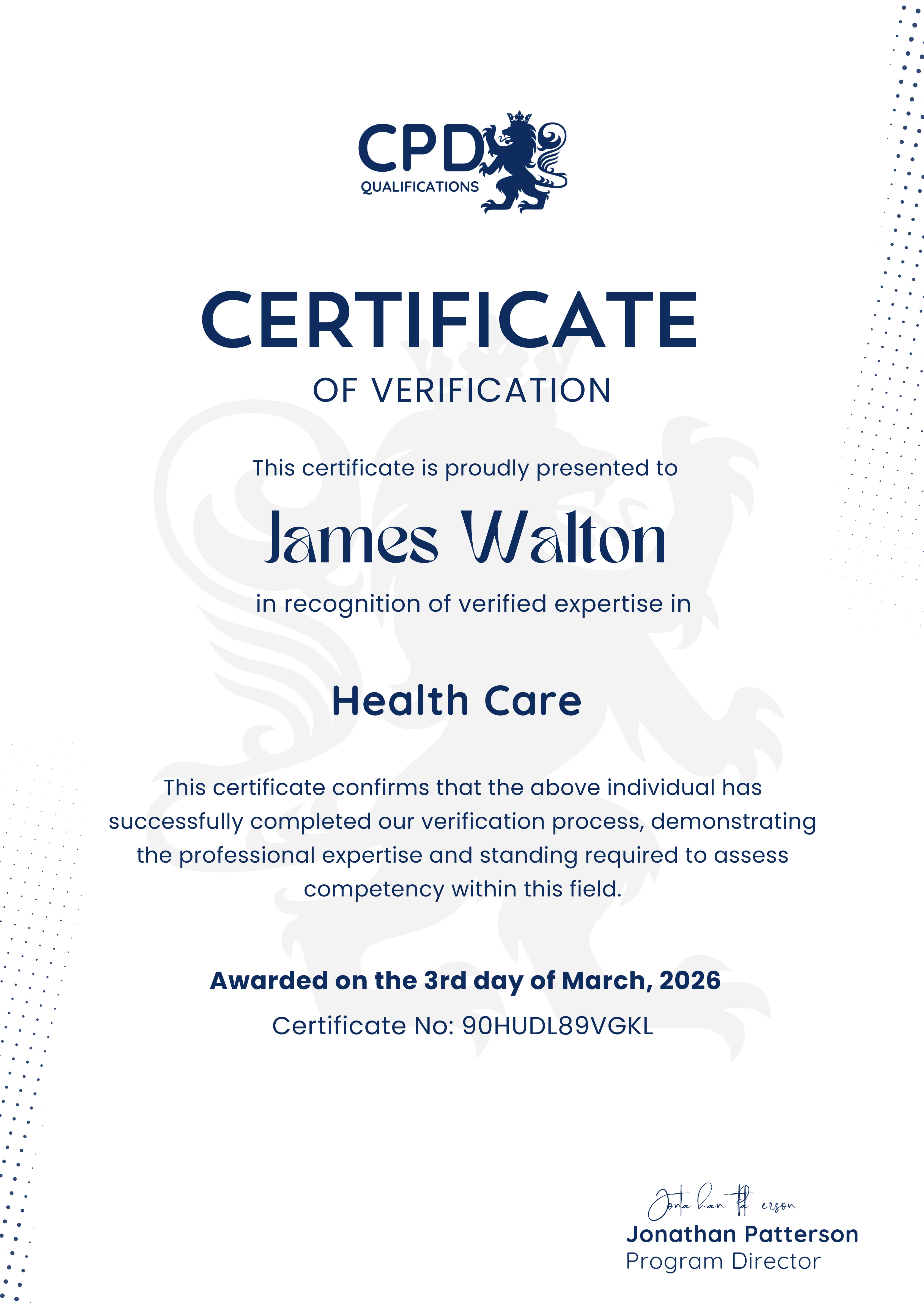 Assessor certificate example