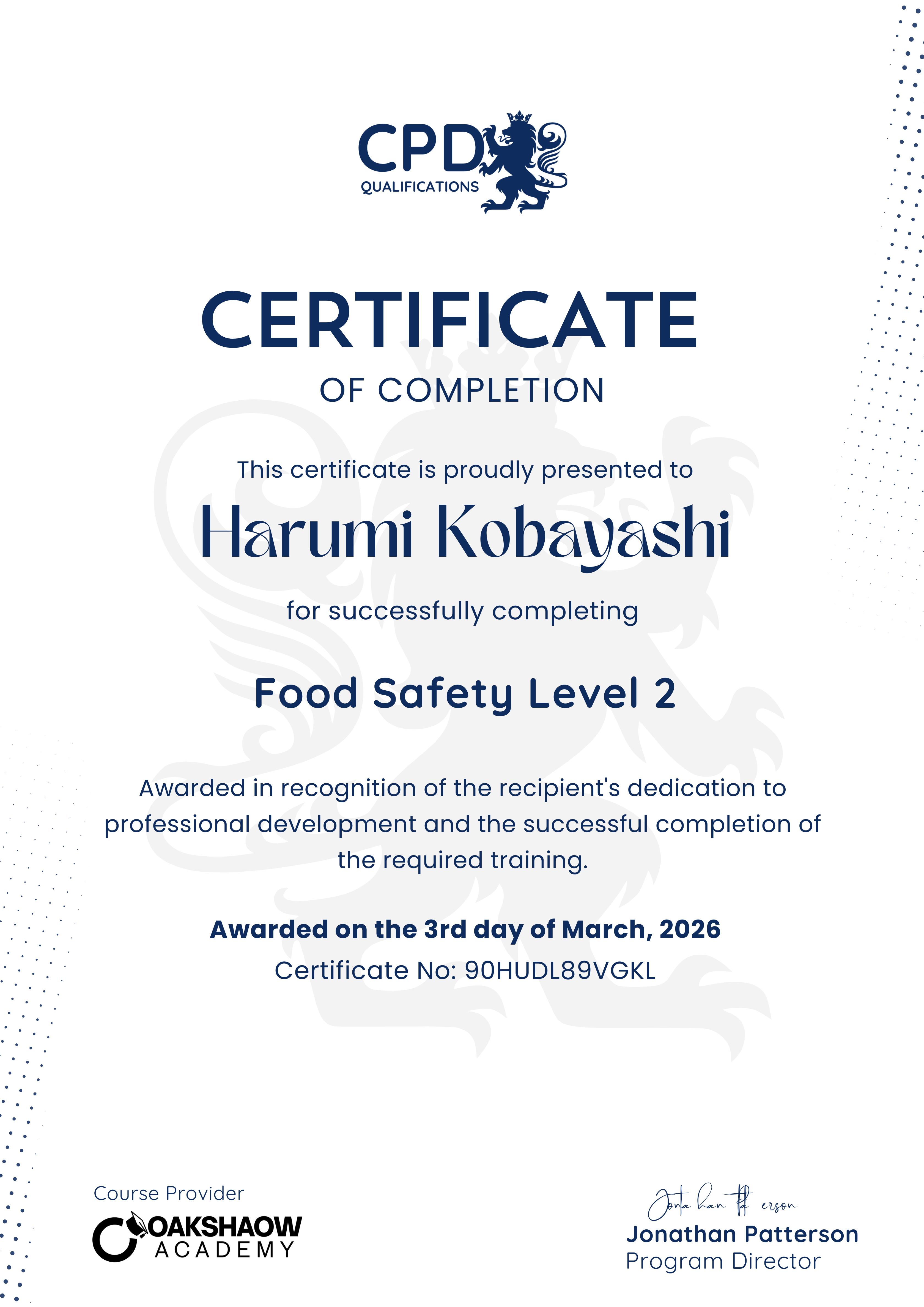 Course certificate example