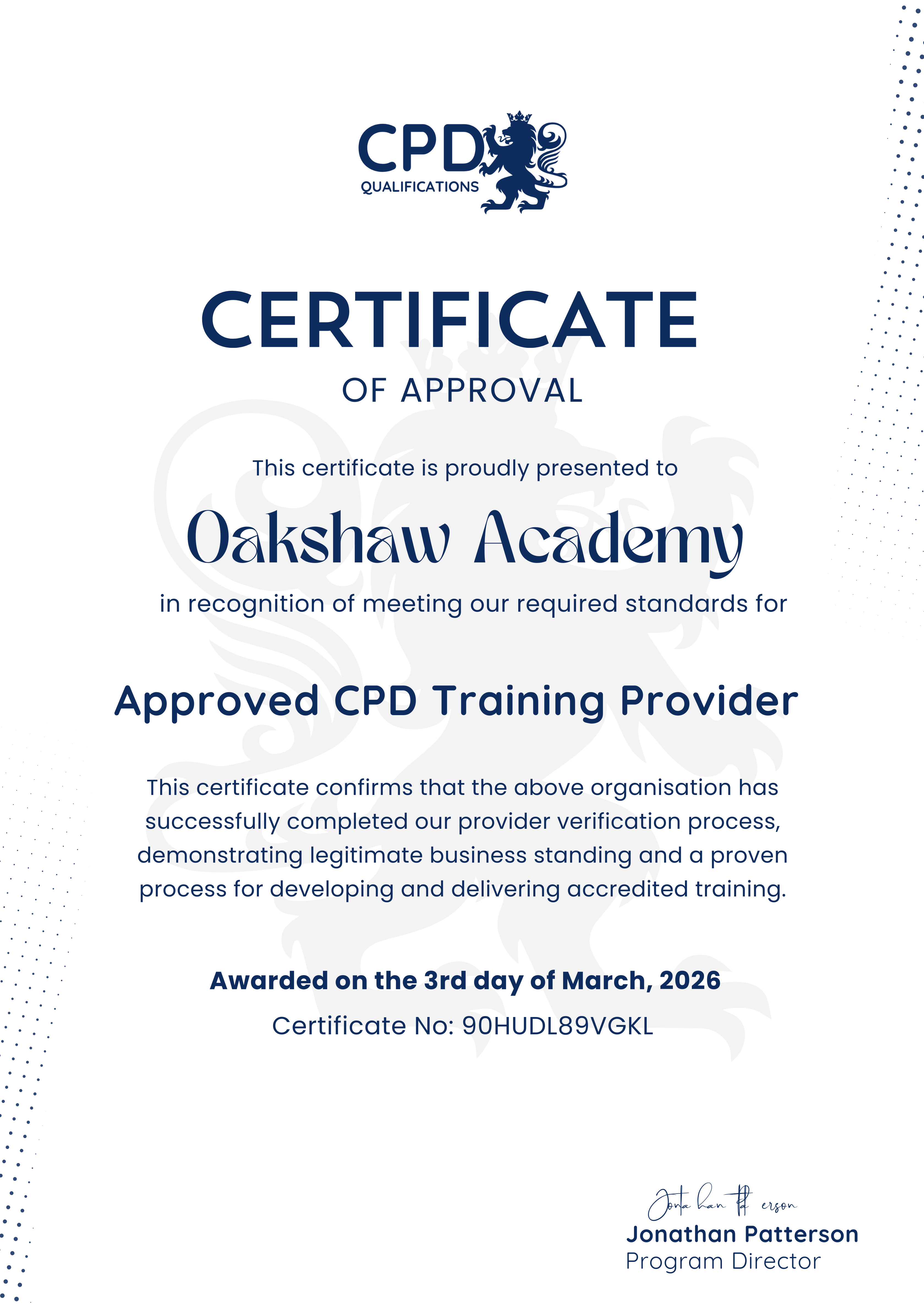 Provider certificate example